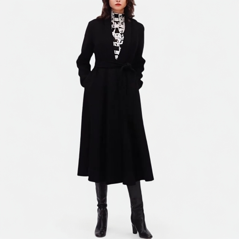 葭恩D家曜石黑秋冬新款黑色羊毛混纺双面毛呢大衣0391