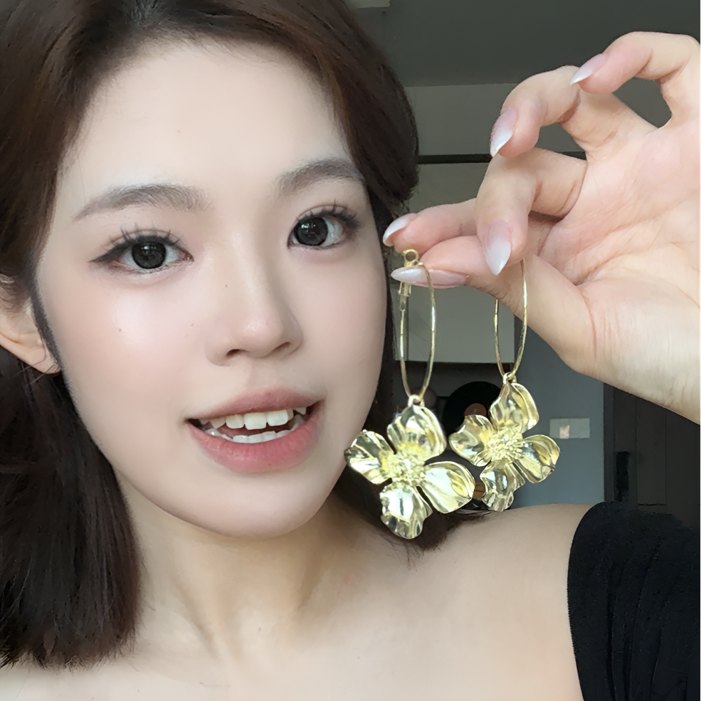 合金耳饰 法式复古金属感花朵长款流苏耳圈女爆款个性夸张耳饰