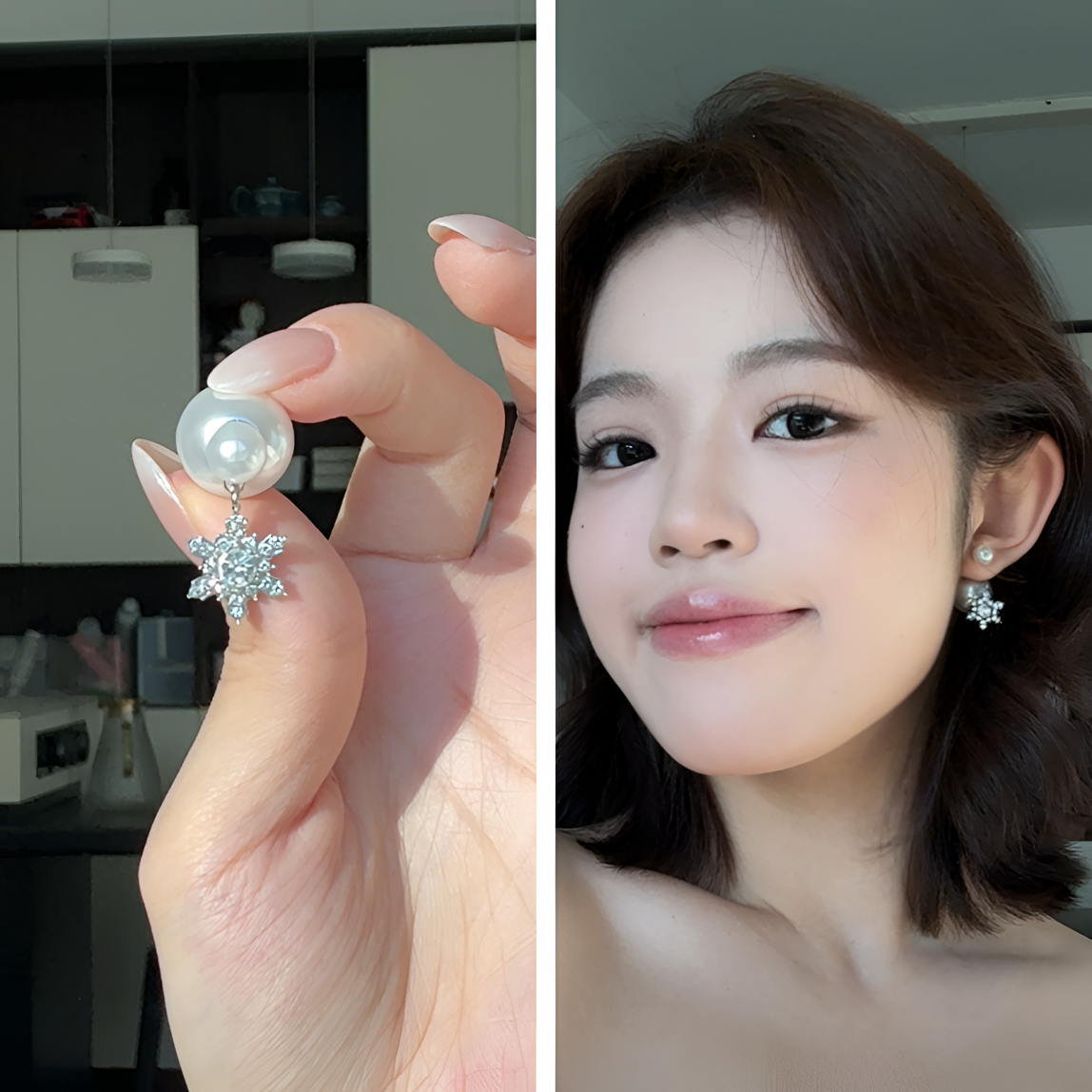 合金仿珍珠耳饰 轻奢小众设计感后挂式雪花珍珠耳钉高级一款两戴