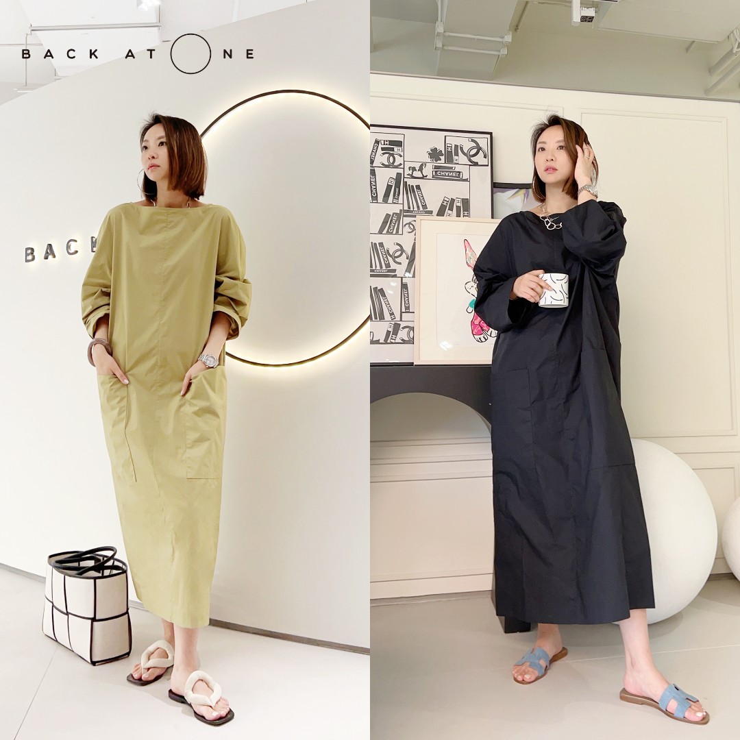 BackAtOne “落落大方”黑绿色文艺宽松一字领连衣裙 BAO-23SS-W178