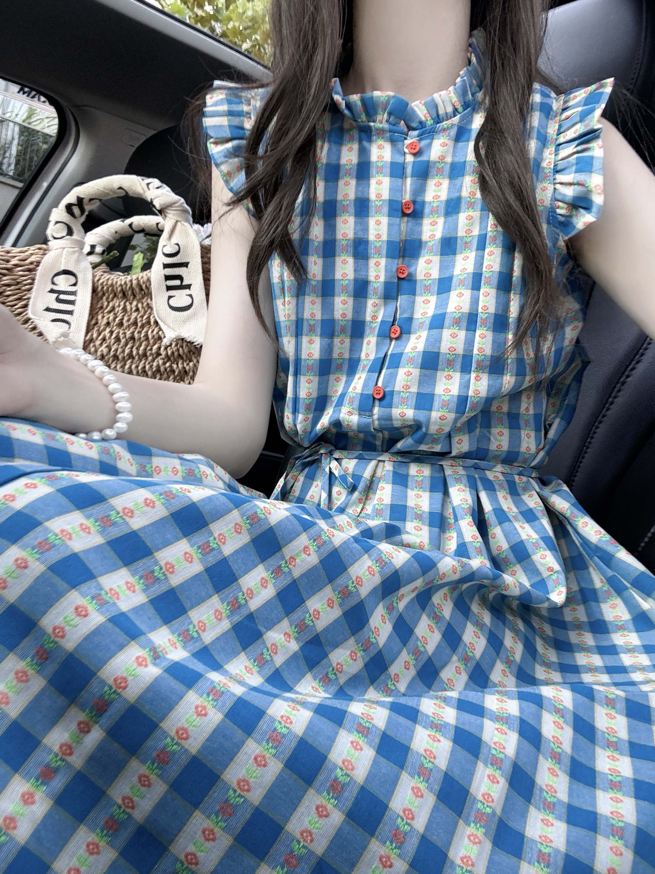 韩系文艺复古格子高级感连衣裙女夏季新款高腰系带超好看气质长裙