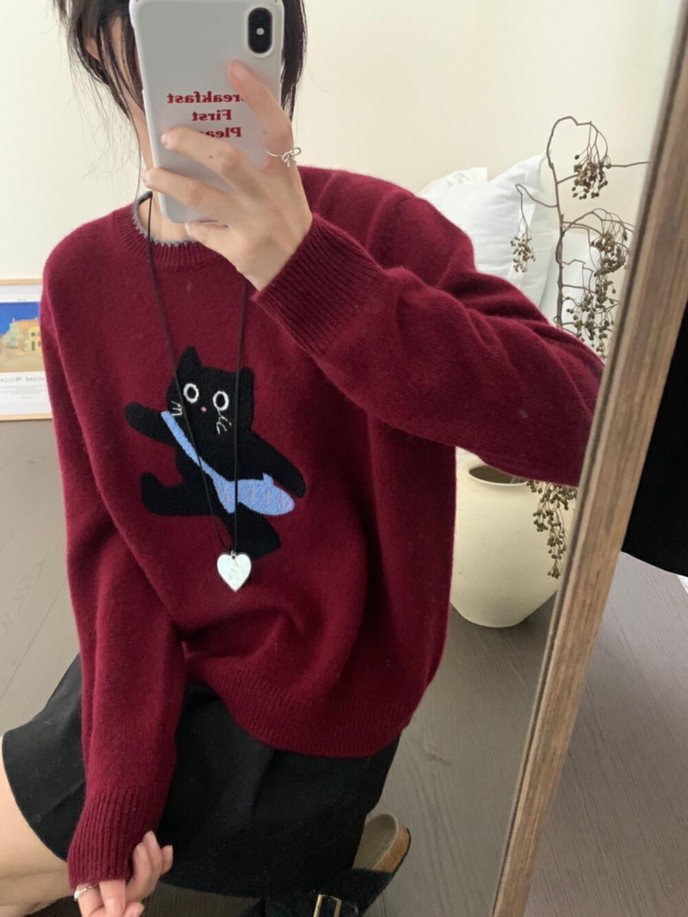 2024秋冬新款韩系圆领提花小花针织显瘦宽松毛衣