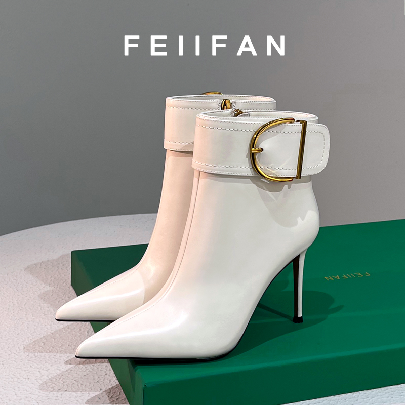 【现货】尖头短靴女2025秋冬新款细跟高跟鞋不累脚法式白色靴子3638