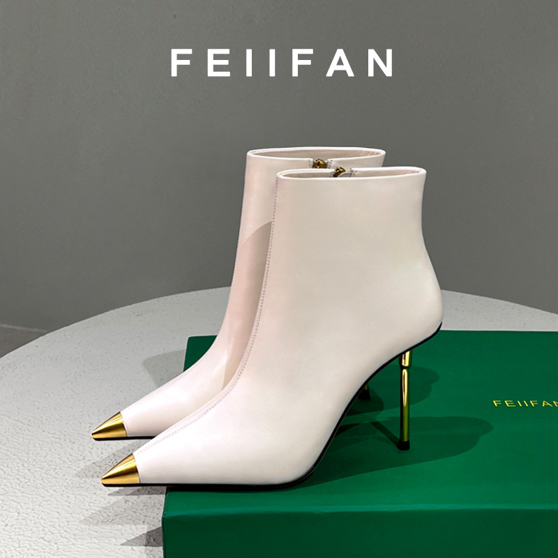 【现货】尖头短靴女2025秋冬新款细跟高跟鞋不累脚法式白色靴子7566