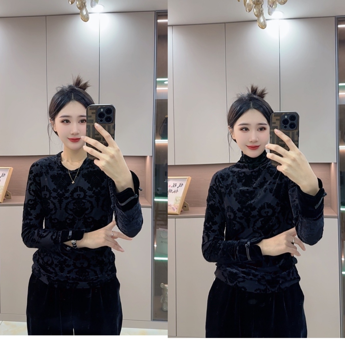 薇薇定制---5508新款植绒提花盘扣百搭衫气质显瘦洋气打底长袖