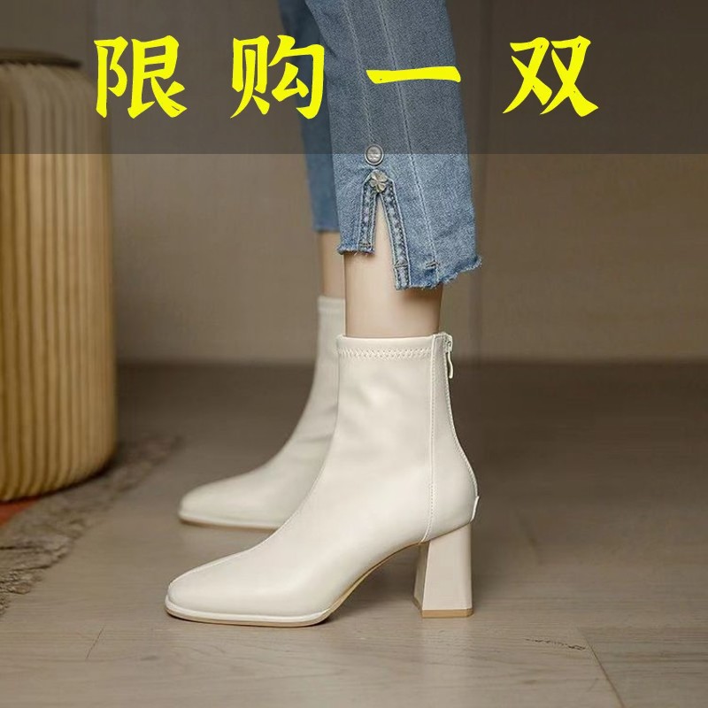 红蜻蜓牌白色短靴女爆款软皮瘦瘦靴子后拉链方头粗跟皮靴显瘦法