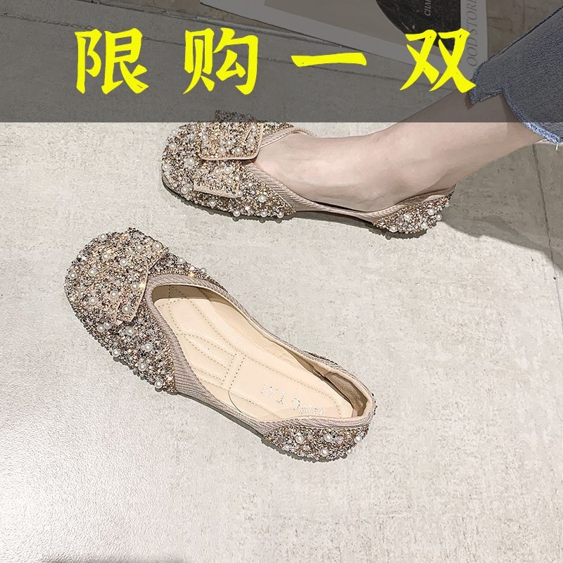 红蜻蜓牌单鞋女低跟小香风秋款珍珠平底瓢鞋一脚蹬温柔复古百搭