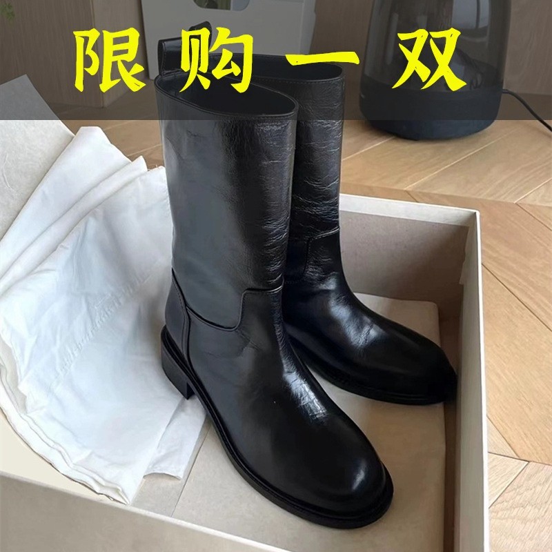 红蜻蜓牌全牛皮~2023年秋冬新款复古宽筒中筒西部靴真皮马丁靴