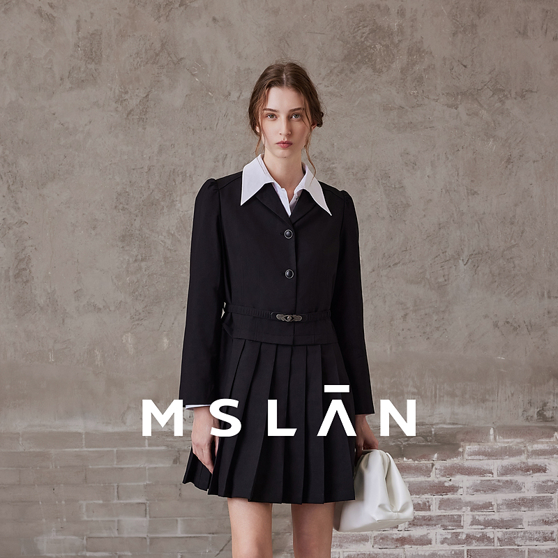 MSLAN简约通勤风收腰百褶质感西装连衣裙附腰带 MFAE4101