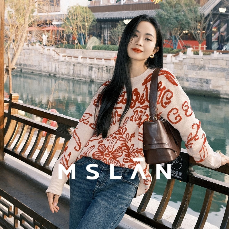 明星同款丨MSLAN  24春季商场新款几何线条图案针织套衫女MGAN166