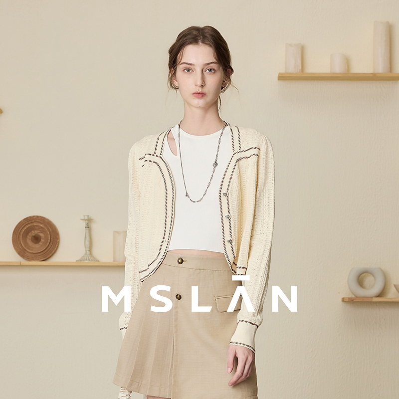 MSLAN春季新款设计感米白复古气质长袖新式方领针织外套 MFAV2304