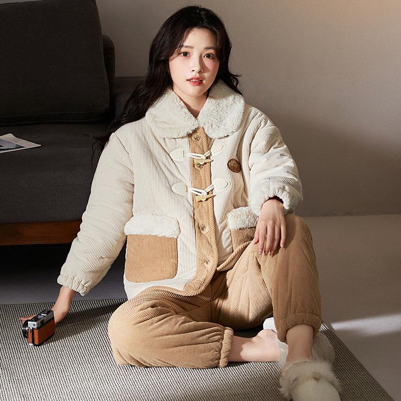 三层夹棉睡衣冬季女加厚加绒珊瑚绒高级感法兰绒家居服套装可外穿