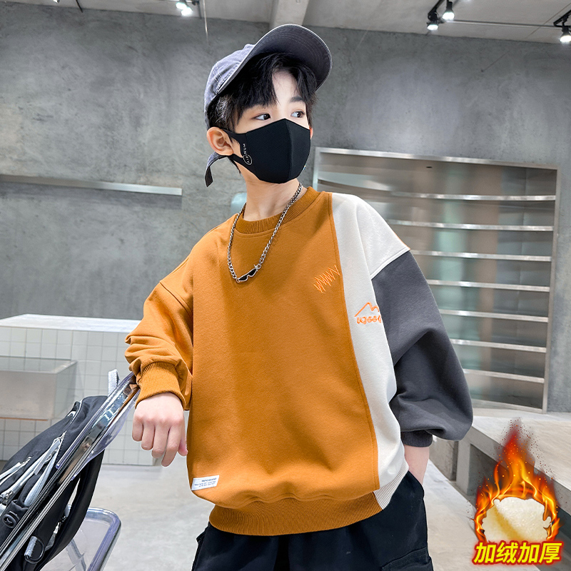 儿童装男童一体加绒卫衣秋冬款2023新款保暖加厚大童上衣冬季男孩