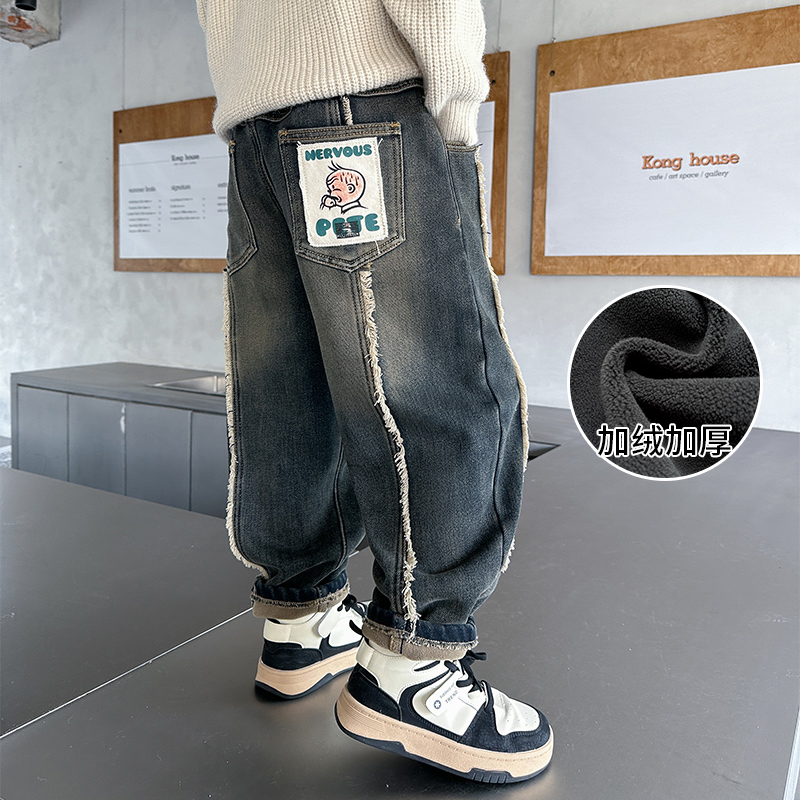 儿童装男童一体加绒裤子秋冬款2023新款牛仔大童男孩保暖加厚冬季