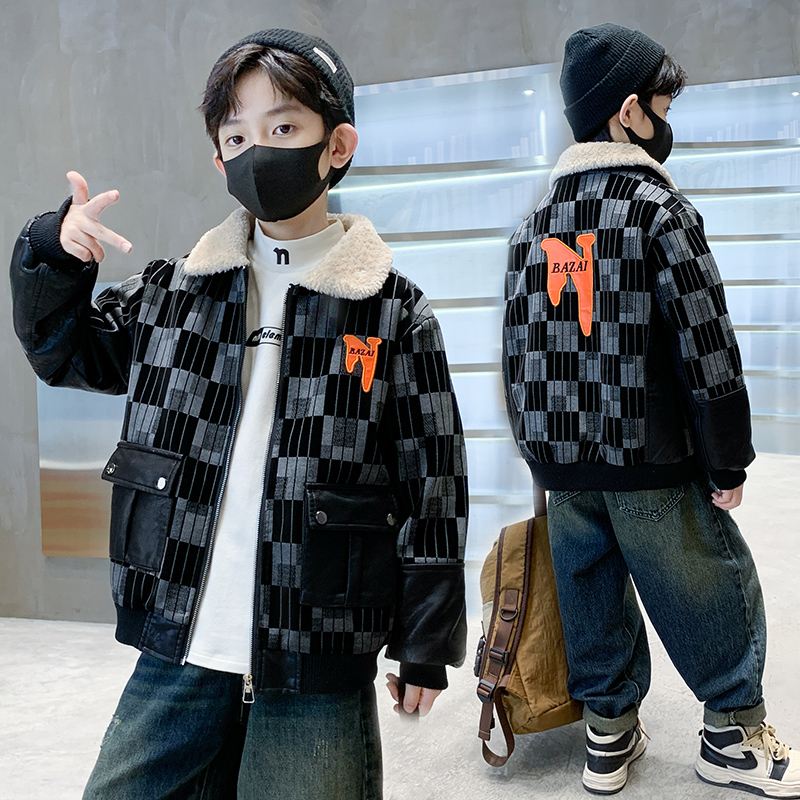 男童加绒皮衣外套冬装洋气2023新款时髦大童冬季加厚儿童保暖上衣
