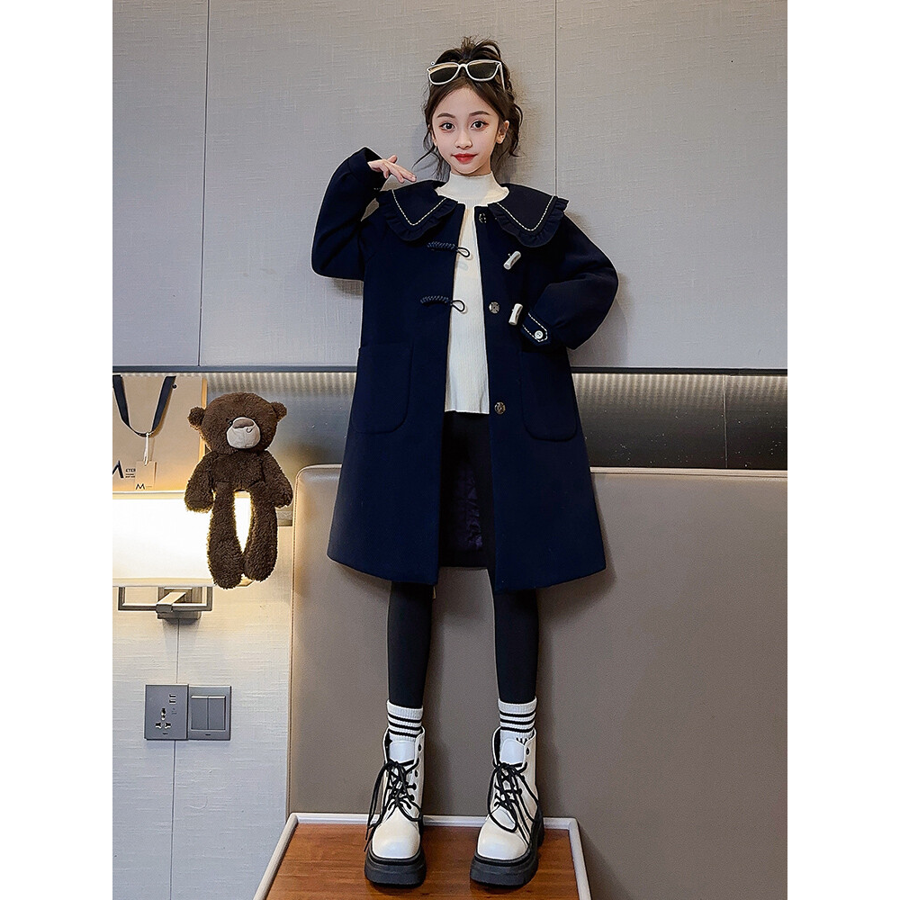 女童毛呢外套秋冬款2023新款儿童中长款衣服女大童装加厚呢子大衣