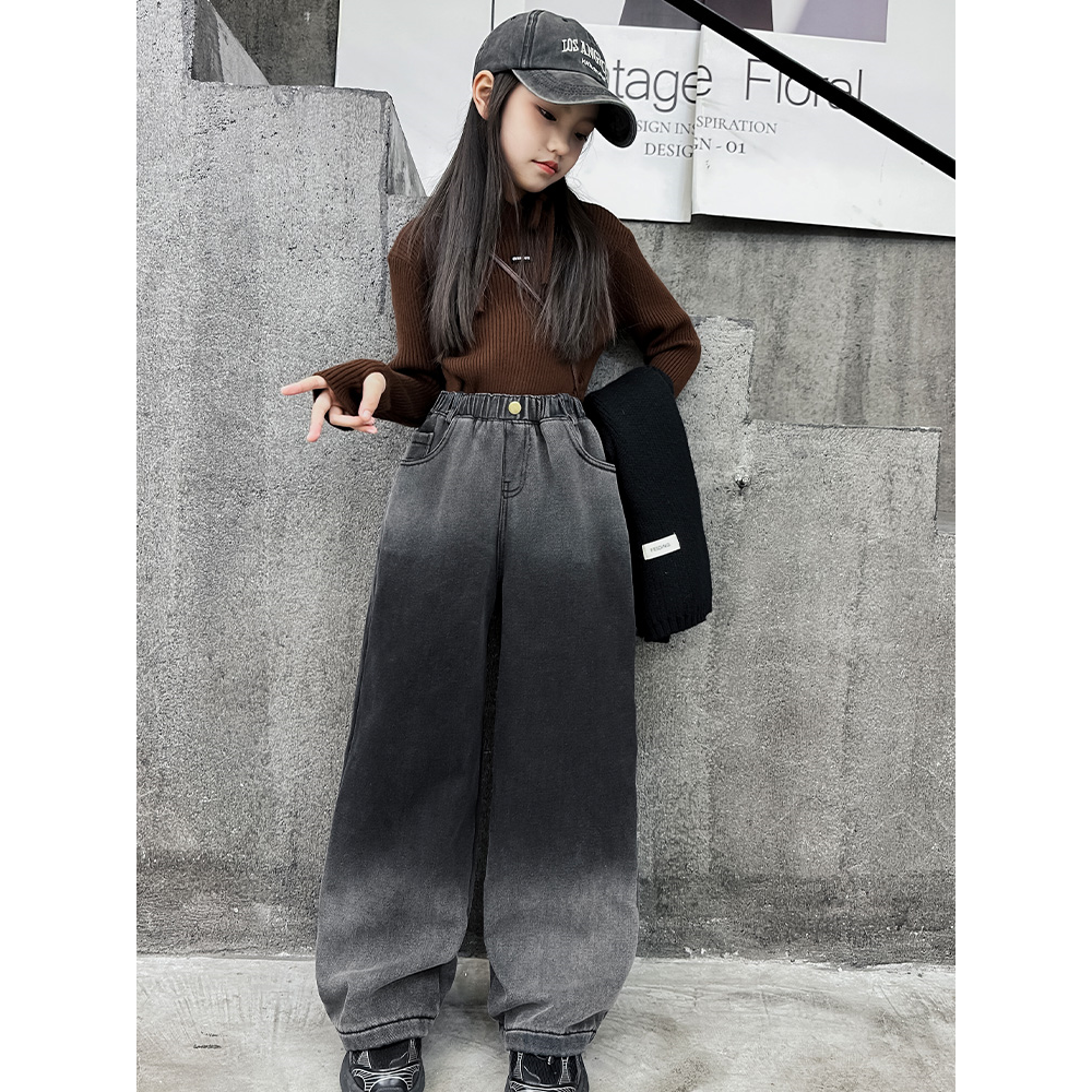 女童加绒牛仔裤冬季加厚渐变阔腿裤2023新款女大童装一体绒直筒裤
