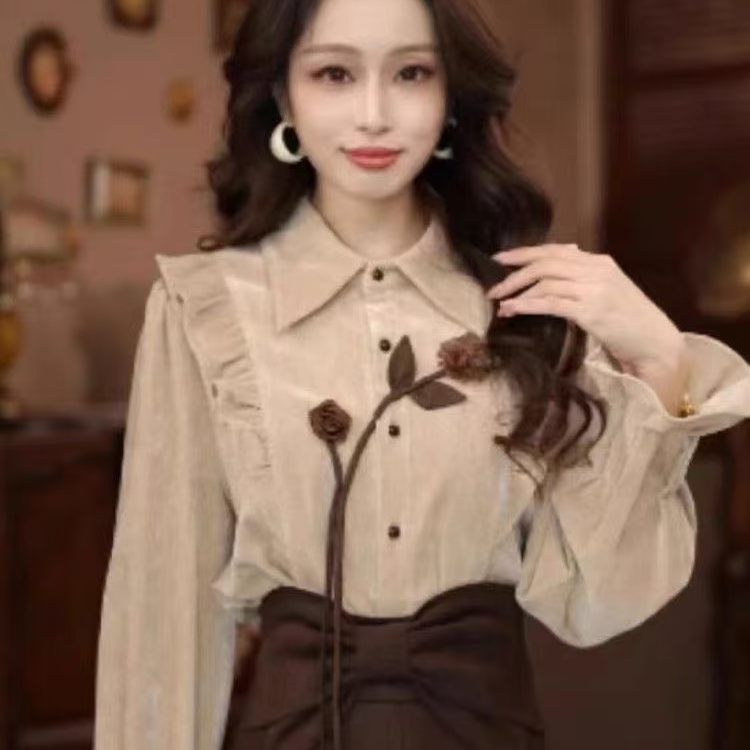 港风复古气质纯色衬衫女2025秋冬新款通勤百搭衬衣宽松显瘦上衣潮