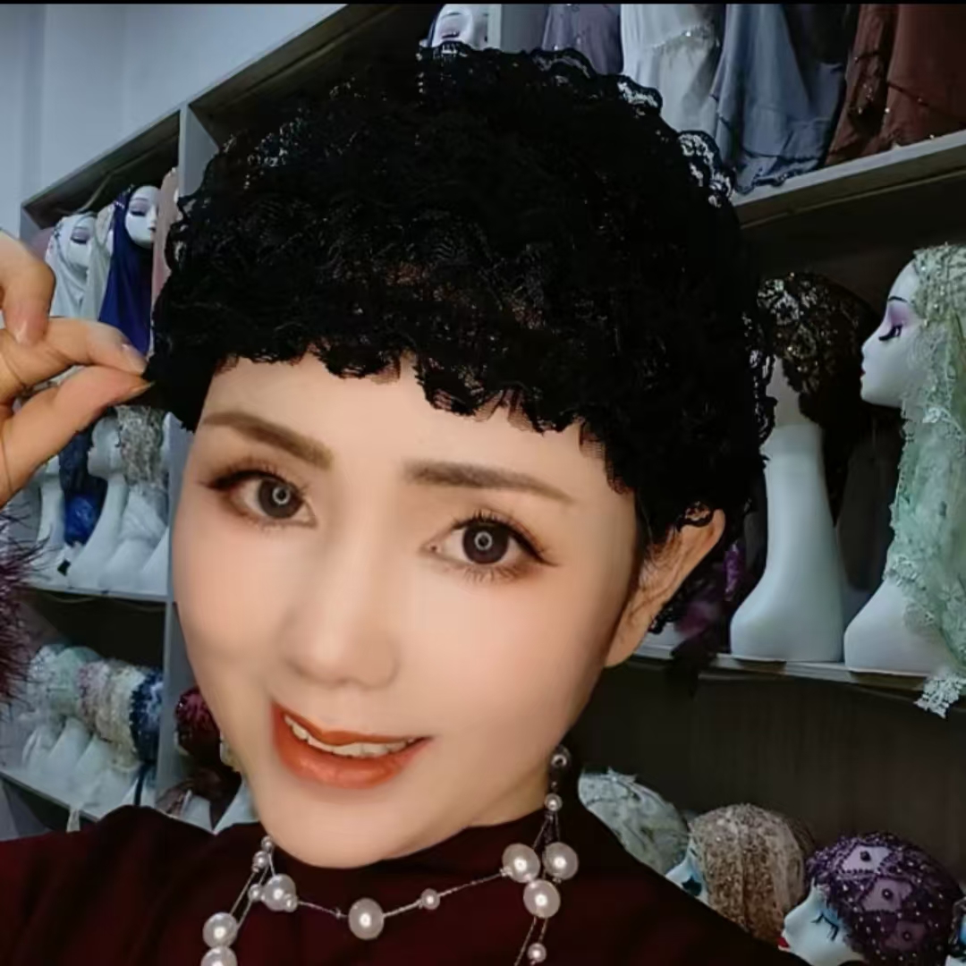 新款时尚弹力层层帽2025帽子包头帽女士40-50岁蕾丝黑色镂空洋气