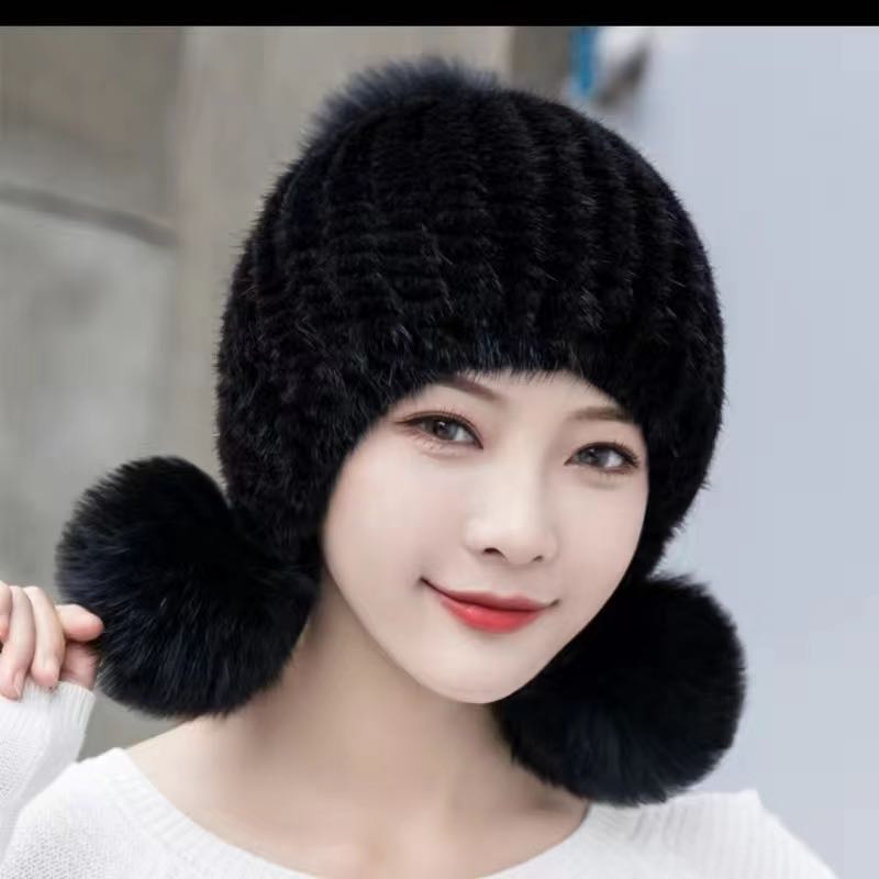 水貂三球帽男女同款女士针织时尚百搭加绒加厚（大人小孩都可以带）