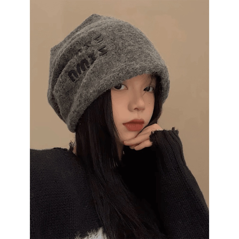 羊毛堆堆帽女生秋冬季日系百搭大头围保暖冷帽灰色显脸小包头帽子