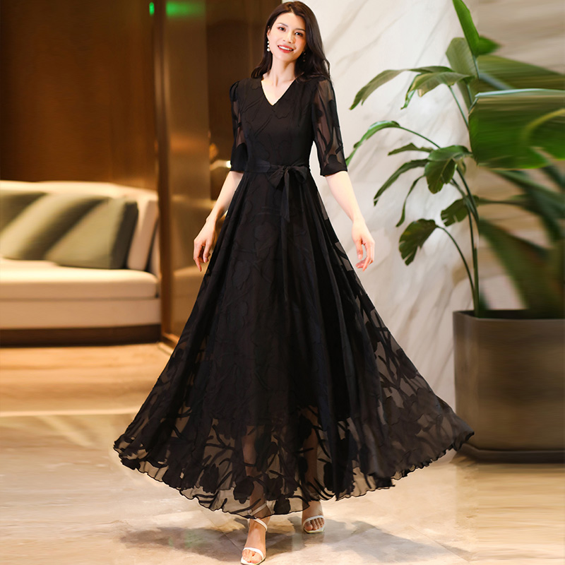 香衣丽华夏季高贵礼服修身夏超显瘦连衣裙五分袖v领轻奢长裙