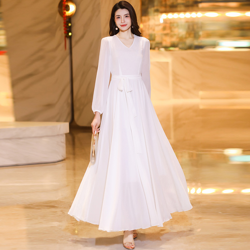 香衣丽华（07白色）长款V领白色大摆过膝连衣裙修身显瘦简约长裙