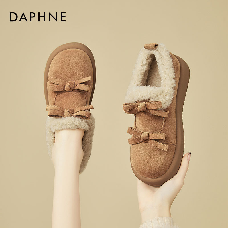 达芙妮平底勃肯雪地靴女2025新款秋冬加绒加厚蝴蝶结保暖舒适棉鞋