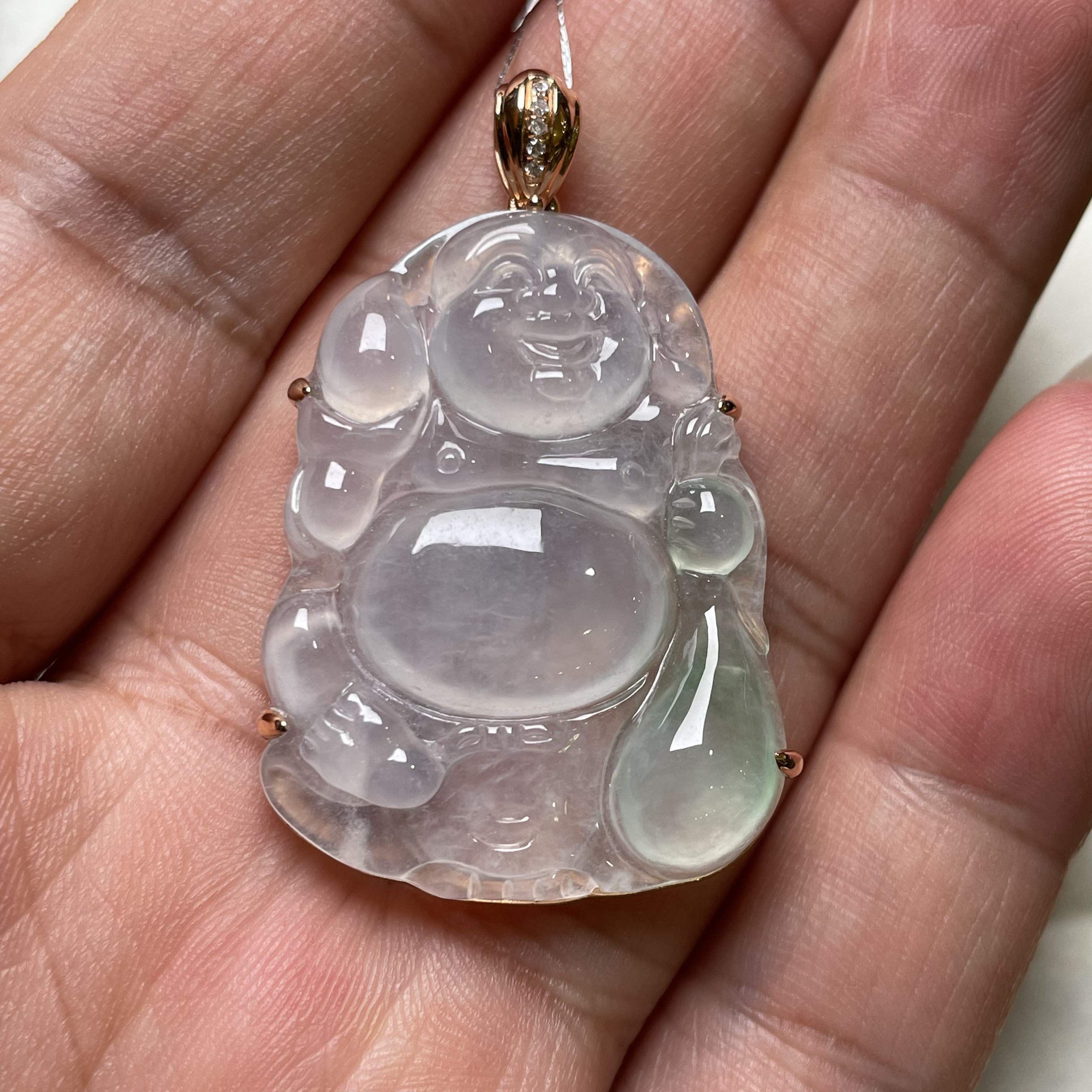 18K金镶嵌冰种翡翠玉佛布袋佛逍遥佛锁骨链吊坠金镶玉轻奢时尚款