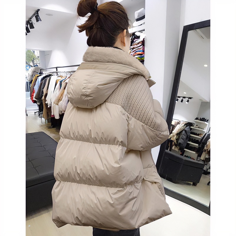 鸭鸭欧货杏色毛领羽绒服女冬季宽松中长款棉袄外套2023新款欧洲站