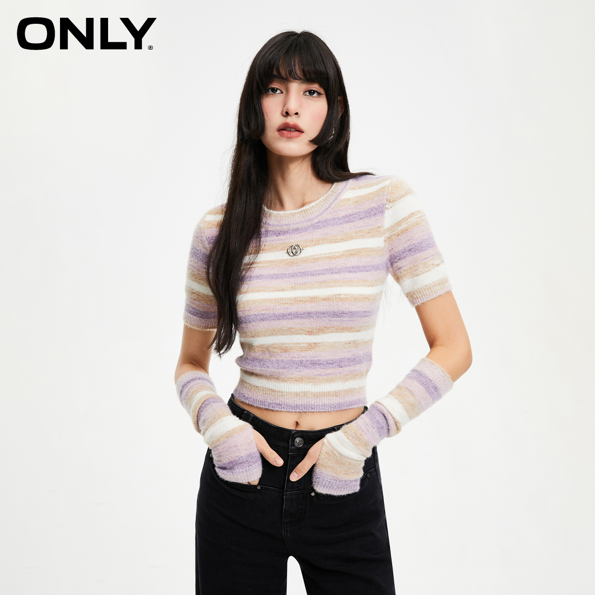 ONLY新款年休闲设计感百搭条纹圆领修身针织衫女|123313021