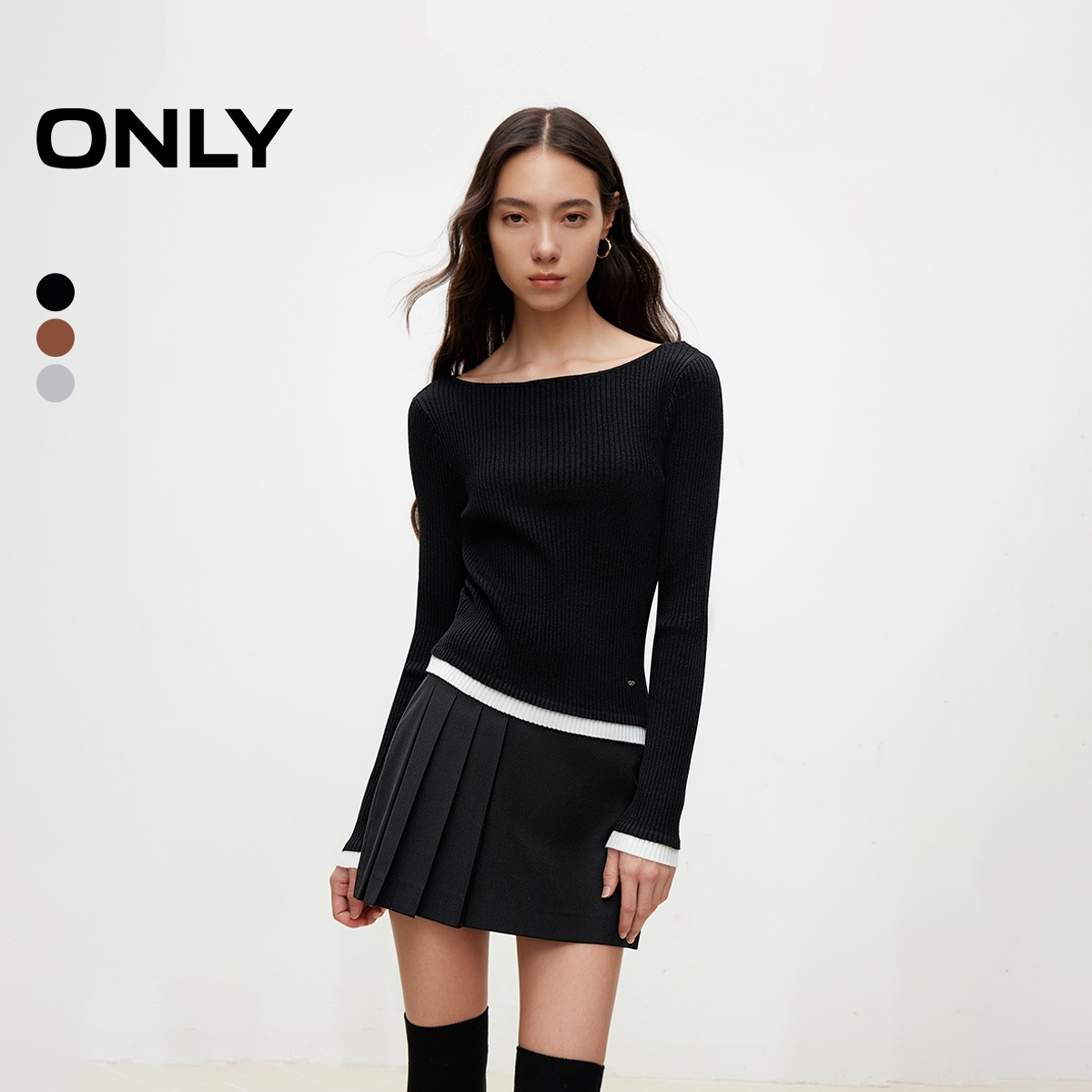 ONLY春夏拼接领口修身打底长袖针织衫女老钱风松弛感|124413013
