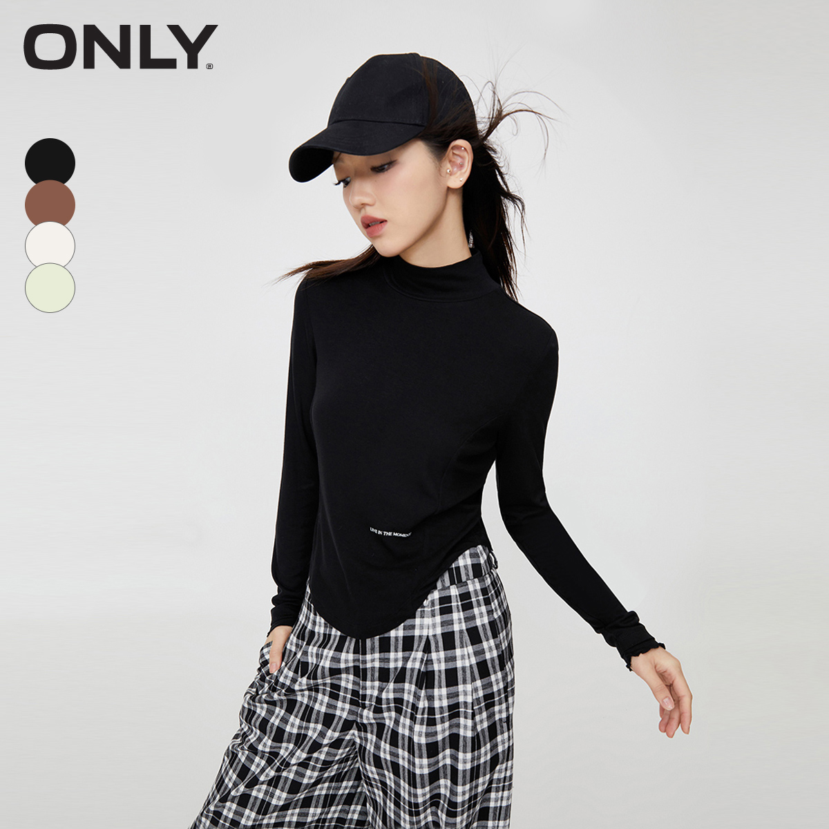 ONLY龙年24K2023休闲百搭修身显瘦高领黑色长袖T恤女|123302015