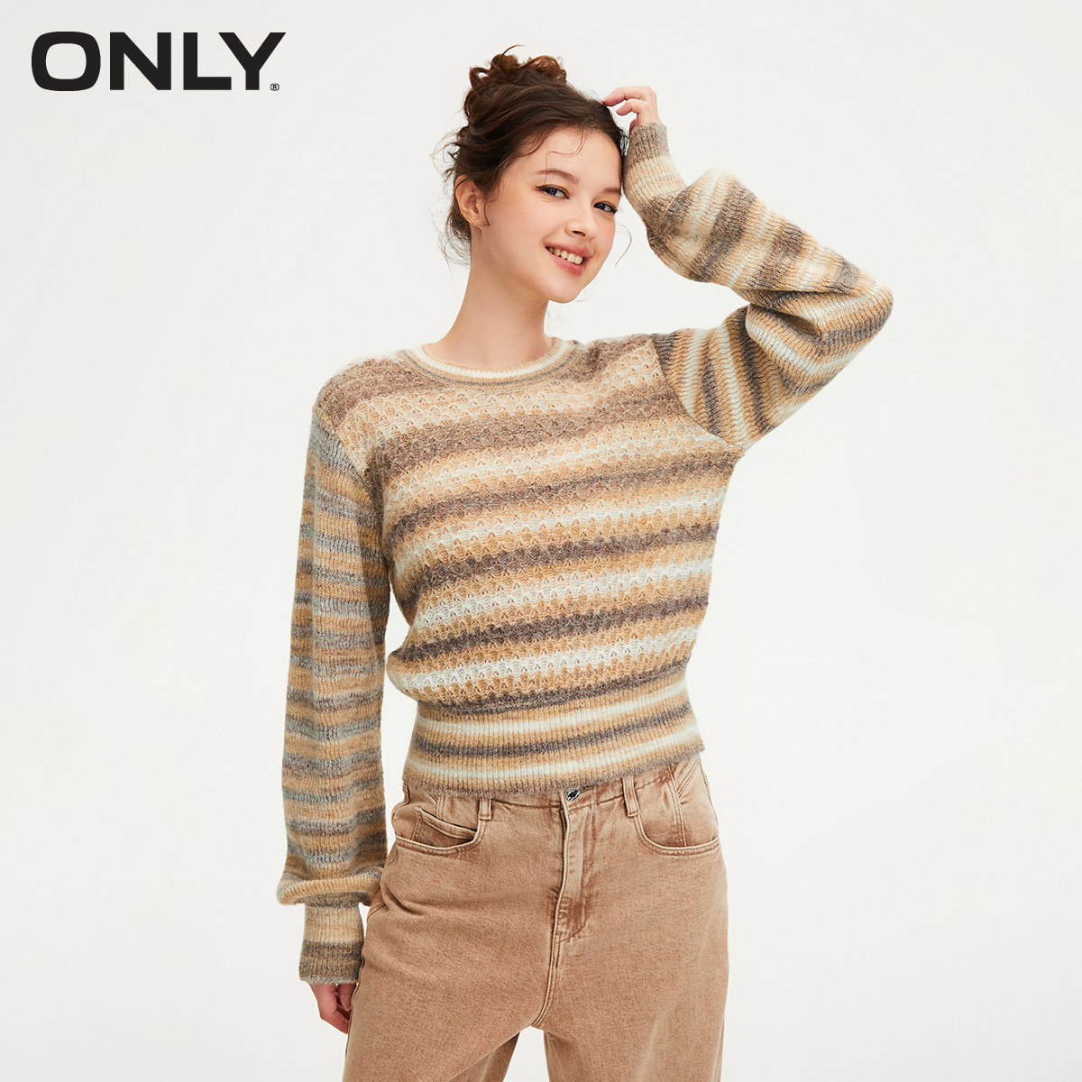 ONLY2023冬季新款潮流百搭时尚彩虹渐变圆领针织衫女|124113010