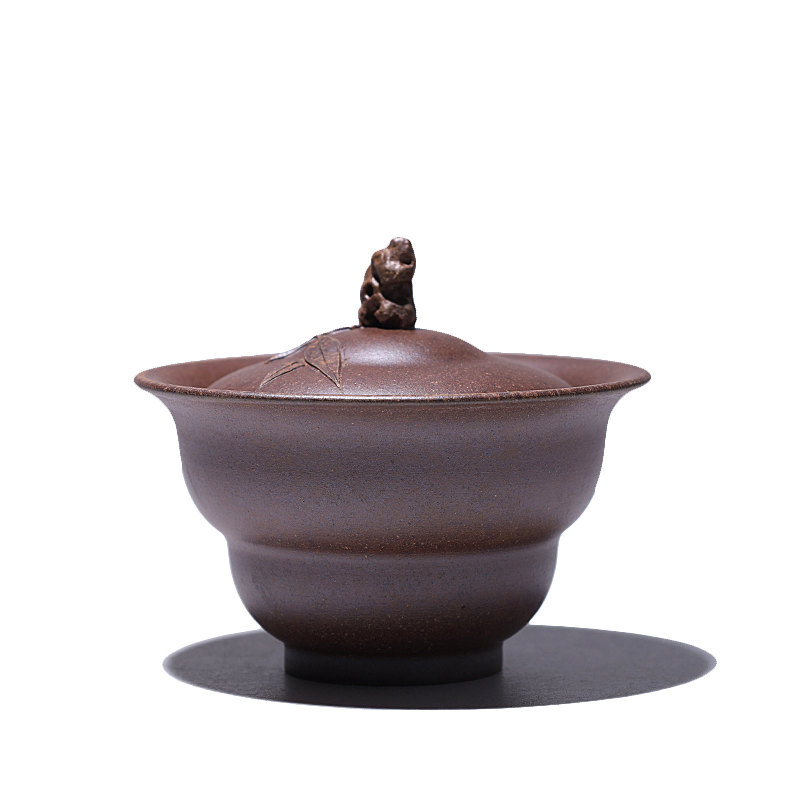 大吉羊柴烧 宜兴紫砂茶碗 原矿本山绿泥竹石盖碗130ml