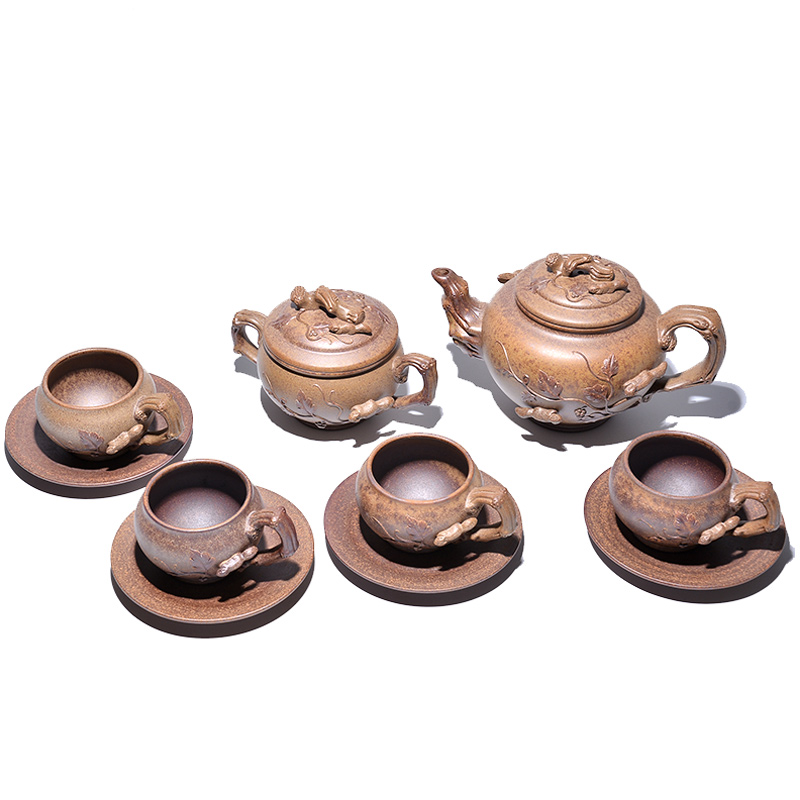 大吉羊柴烧 宜兴紫砂壶 原矿本山绿泥松鼠葡萄套组600ml李孟华