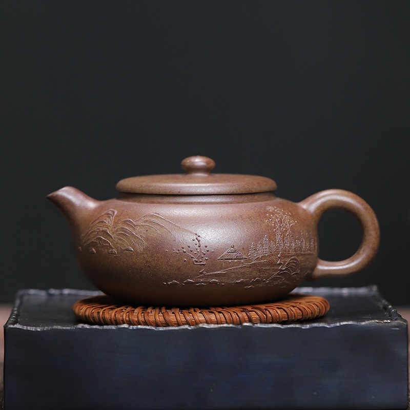 大吉羊柴烧 宜兴紫砂壶茶壶 原矿本山绿泥泥绘扁韵190ml庄杰