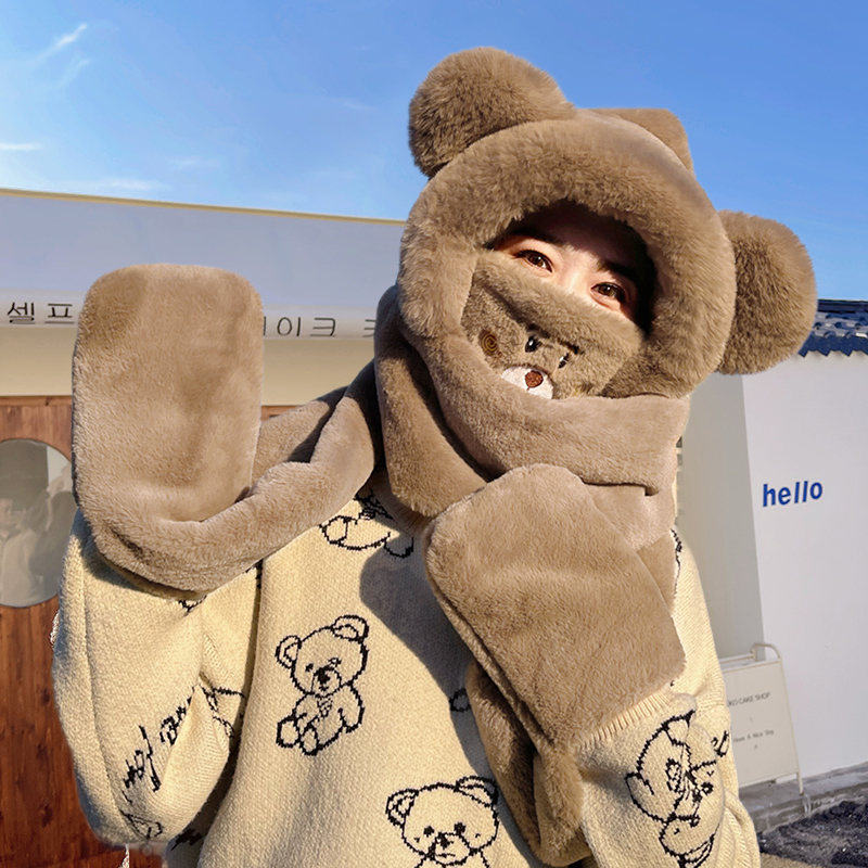 简耳冬季加厚保暖三件套帽子围脖连体骑车防风护耳防寒加绒帽子