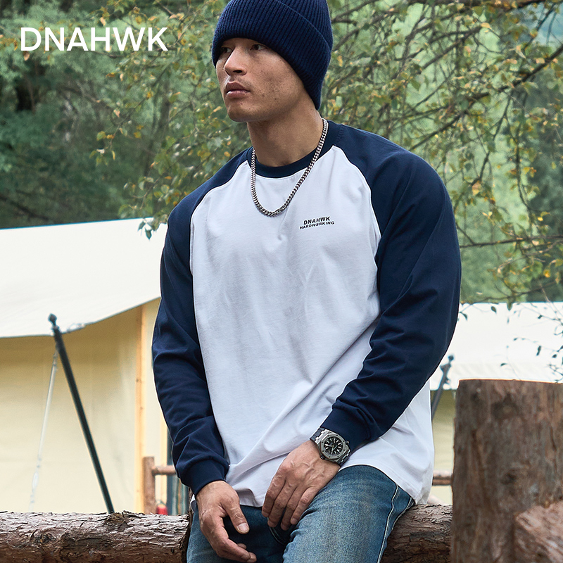 DNAHWK美式撞色运动健身插肩袖长袖T恤潮牌复古街头休闲春夏上衣