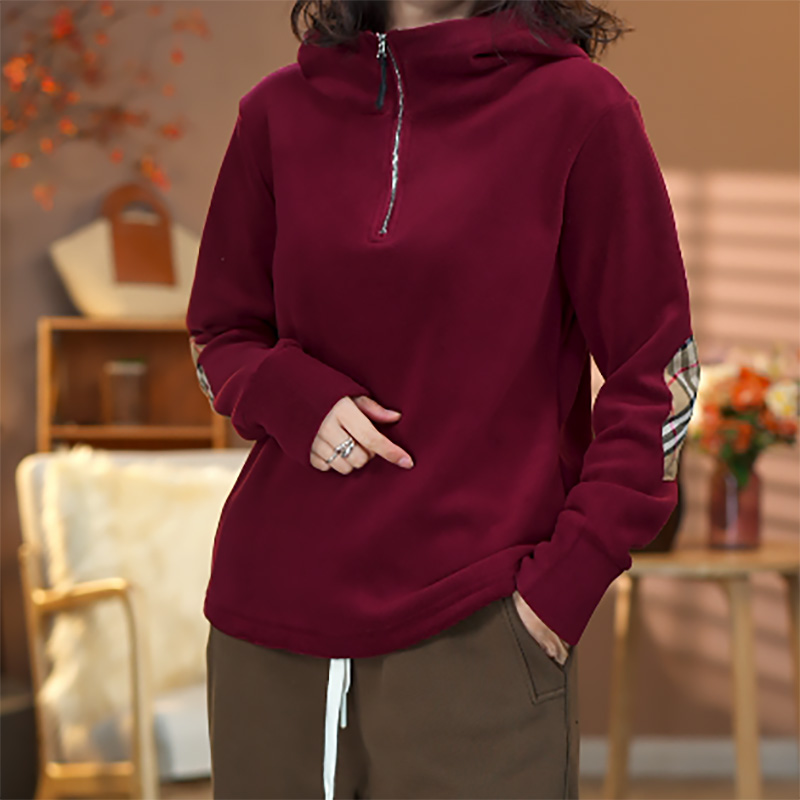 6327长袖连帽休闲加绒加厚秋冬时尚女士打底百搭拼格子卫衣绒衫