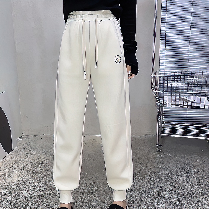 6100笑脸休闲加绒加厚宽松百搭休闲卫裤纯色潮流秋冬时尚韩版卫裤