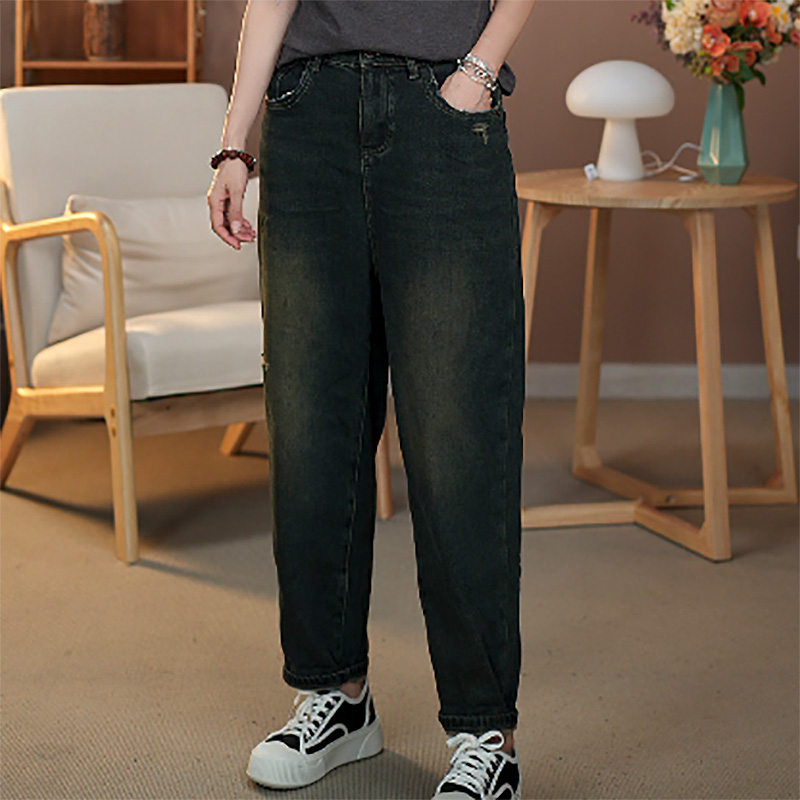 7890女士宽松大码休闲百搭秋冬磨毛牛仔水洗做旧美拉德风牛仔裤