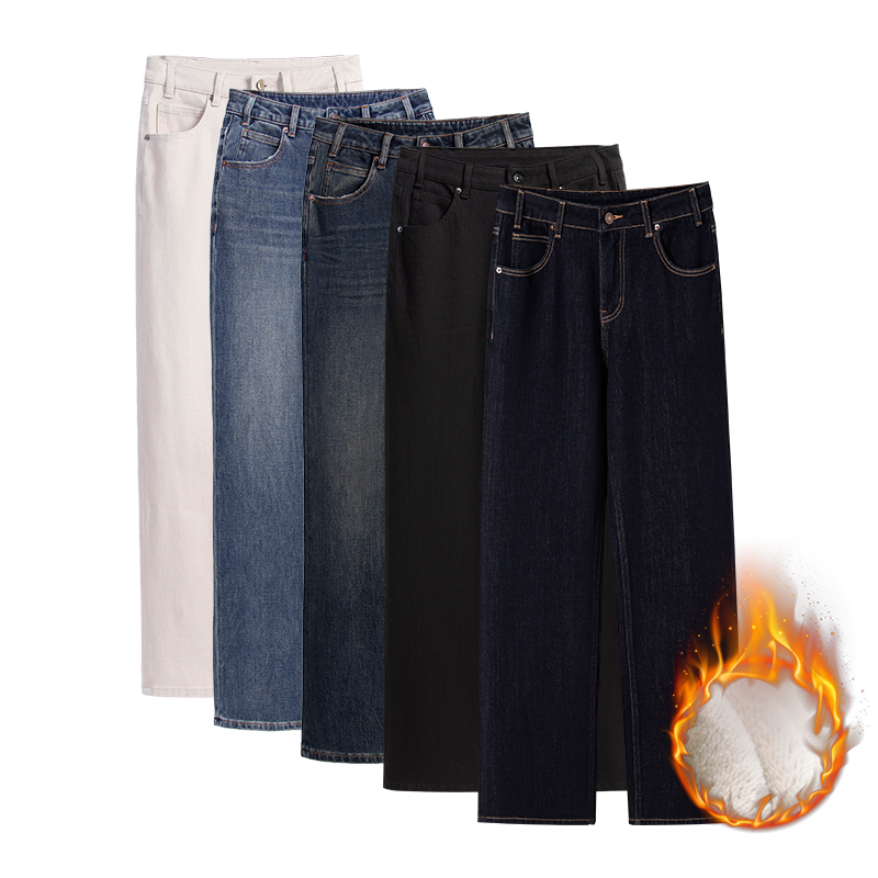 自媒体【长腿标杆】秋冬加绒四面弹窄版直筒牛仔裤苹果型梨形身材75