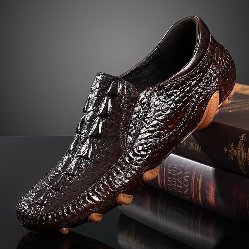 鳄鱼纹真皮轻奢豆豆鞋男低帮潮流休闲鞋防滑减震软面软底一脚蹬鞋