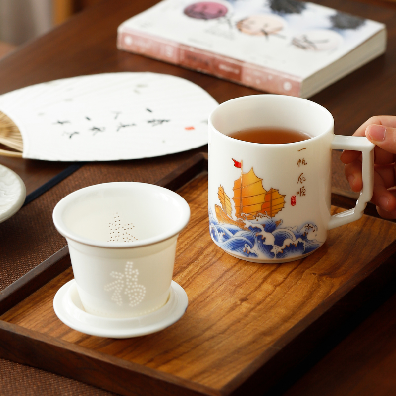 羊脂玉瓷茶水分离杯子家用中式泡茶杯办公杯带茶隔大容量过滤杯
