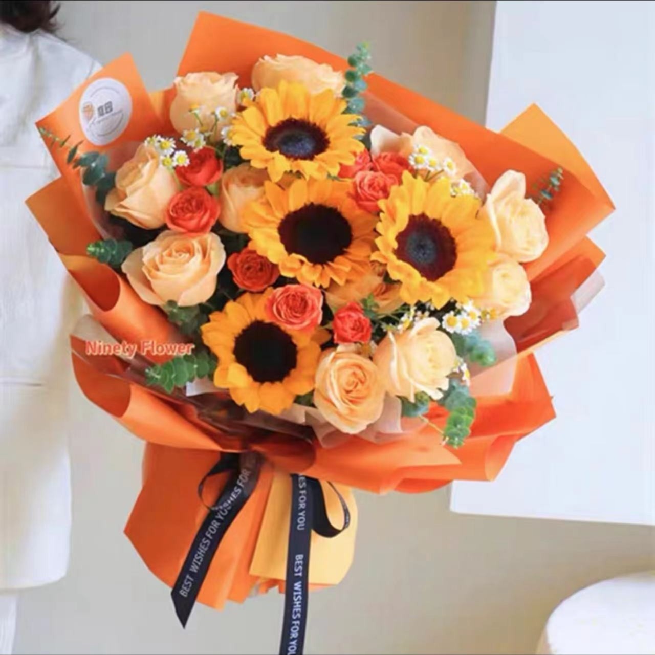 【热情洋溢】4枝向日葵花束11枝香槟玫瑰花束混搭花束生日鲜花