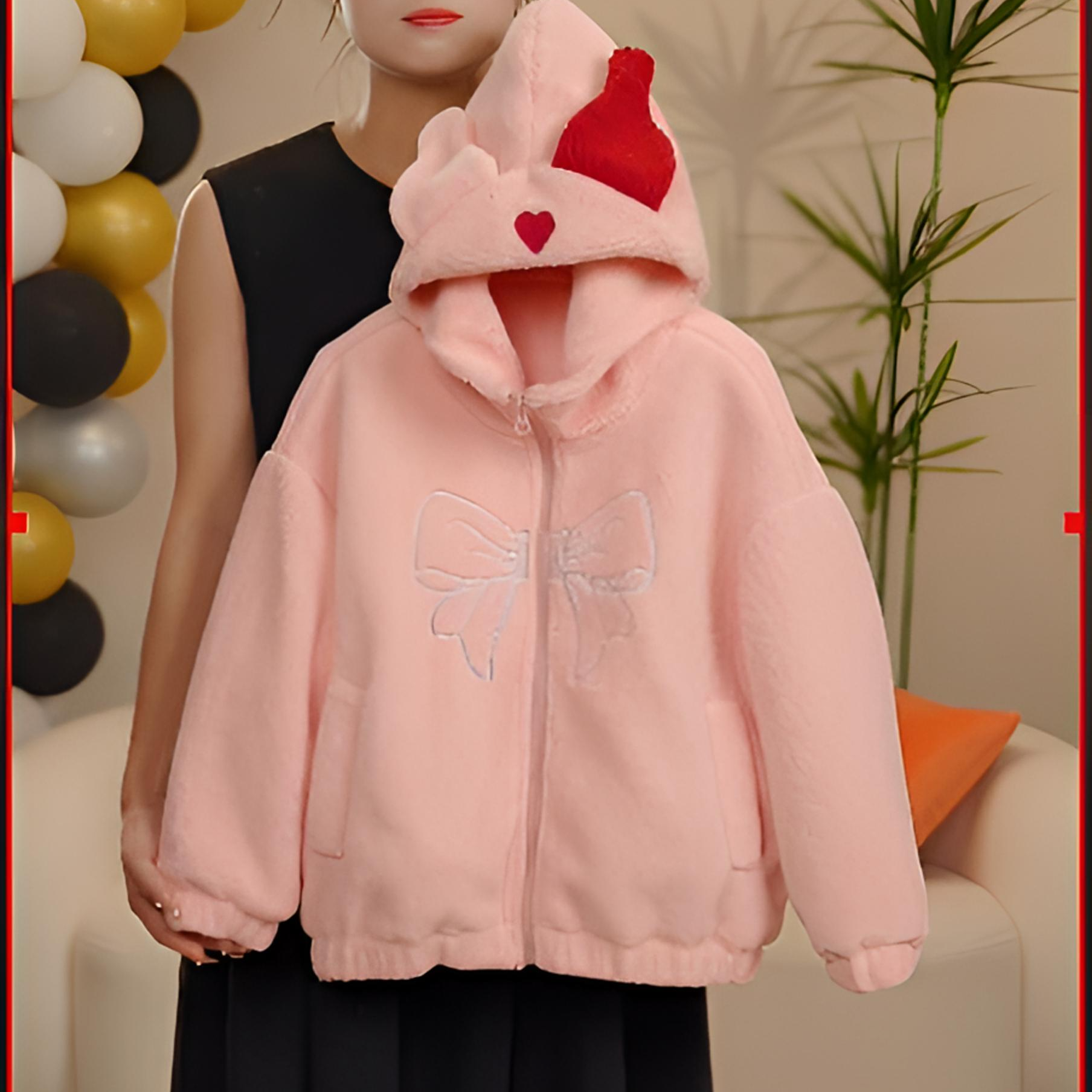 【YUTO】2024冬季毛毛衣外套女童连帽兔耳朵可爱时尚加厚秋冬外套