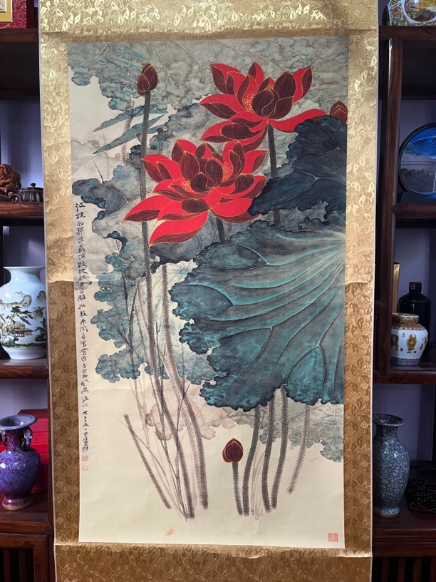 【小杨优选】精品木摆件金线荷花竖款3