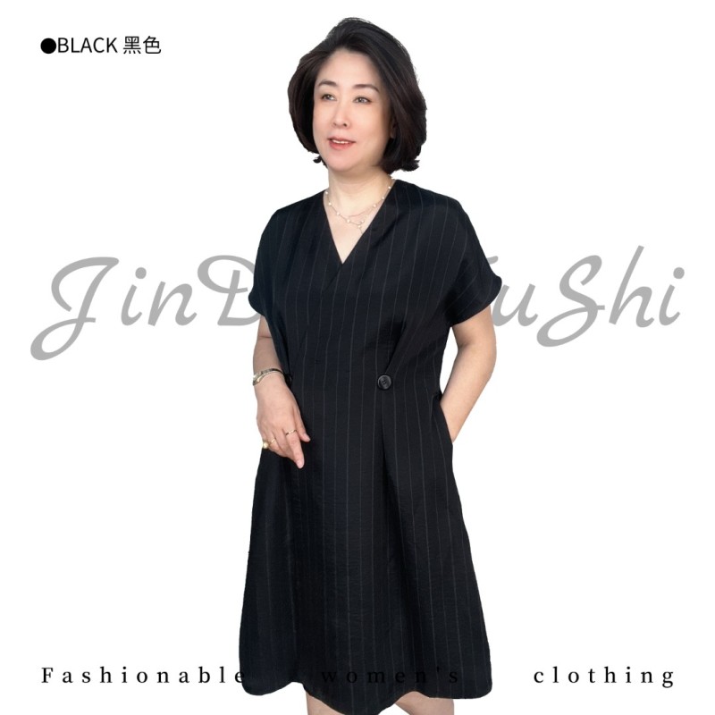 V领纽扣收腰竖条纹短袖连衣裙    中年妈妈气质女装百搭时尚裙853