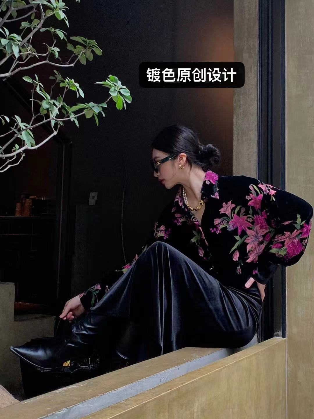 岩岩1家复古港风黑色衬衫气质网红宽松时尚中国风上衣设计师提花